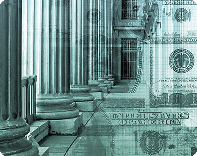 A picture of the us treasury building with money.