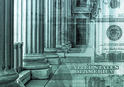 A picture of the us treasury building with money.
